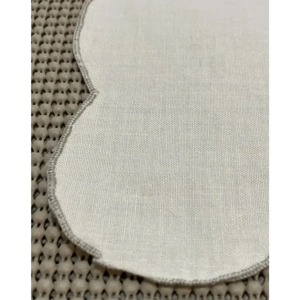 Cocktail Napkins Embroidered Scalloped Off-White Gray Silver Edge Set of 8